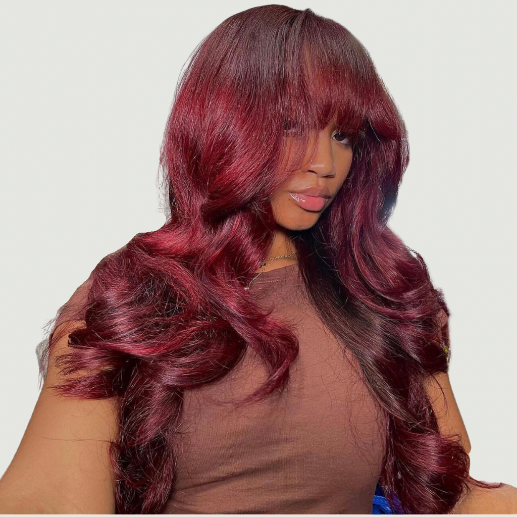 Kelly Burgundy Bodywave Human Hair Wig With Bangs, red right picture