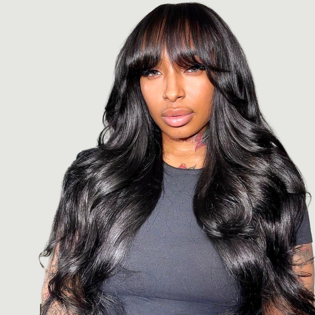 Nera Black Bodywave Human Hair Wig With Bangs,front picture
