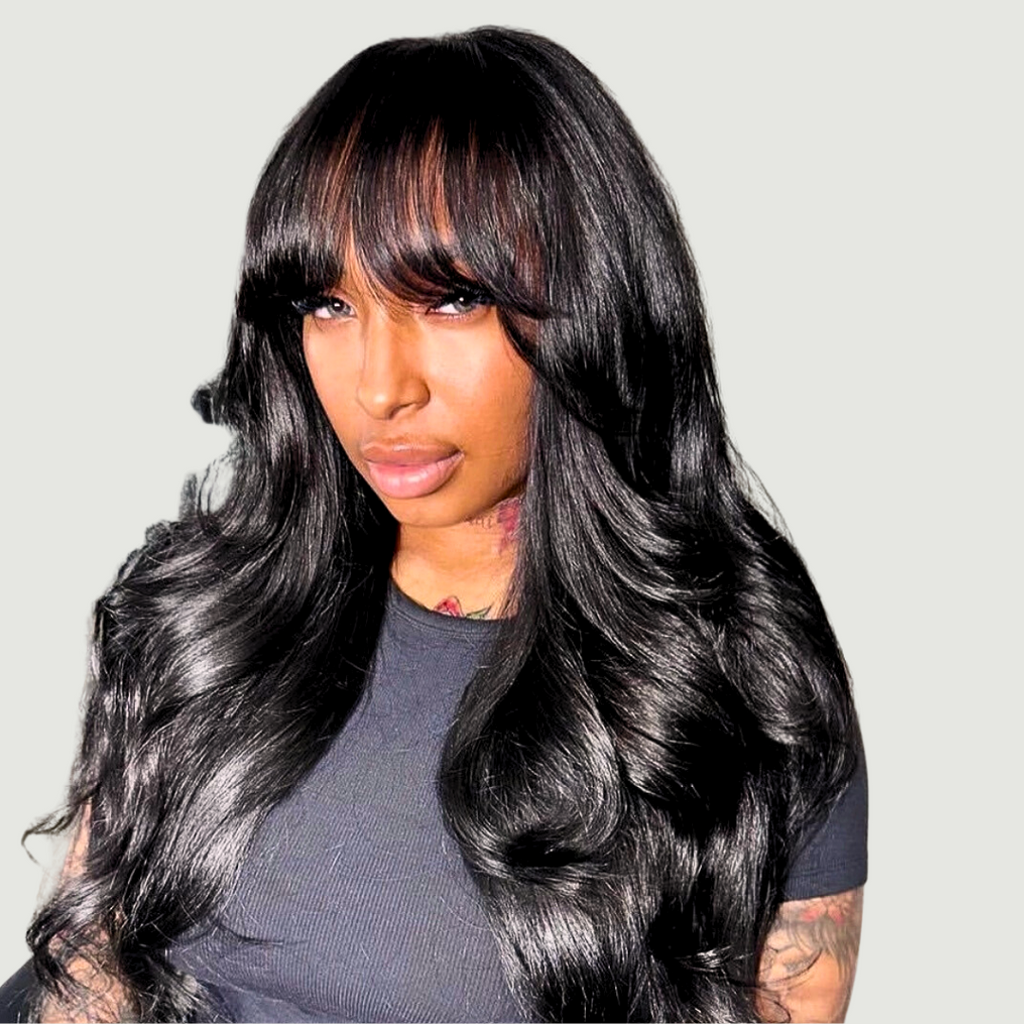 Nera Black Bodywave Human Hair Wig With Bangs, left side picture