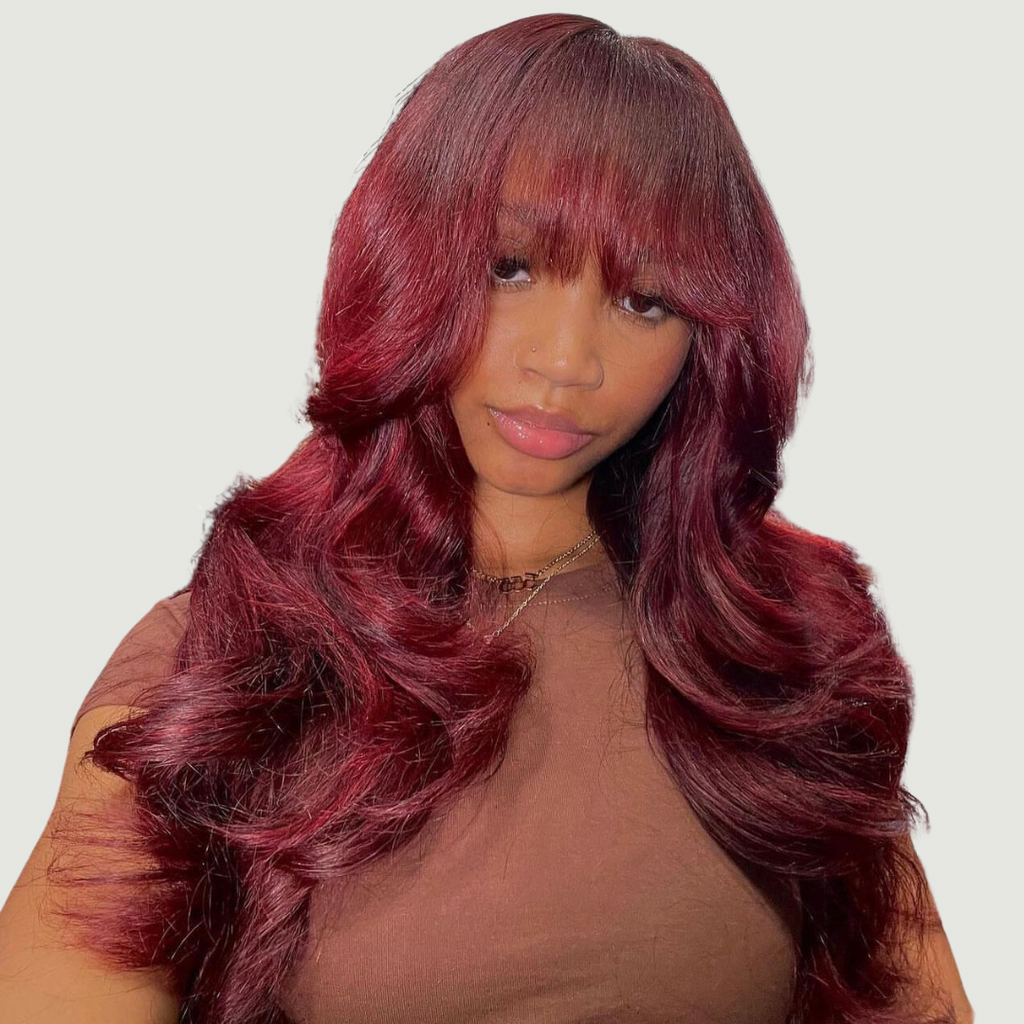 Kelly Burgundy Bodywave Human Hair Wig With Bangs, back side picture